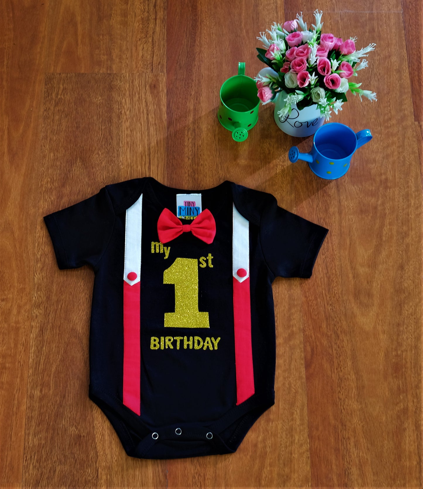 TINY MINY MEE COTTON 1ST BIRTHDAY BOY ATTACHED GALLIES BODYSUIT-BLACK