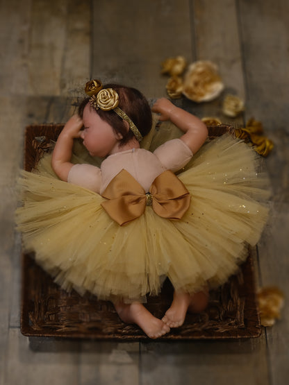 TINY MINY MEE-ROYAL GOLD FLORAL  TUTU SKIRT & HEADBAND-GOLD