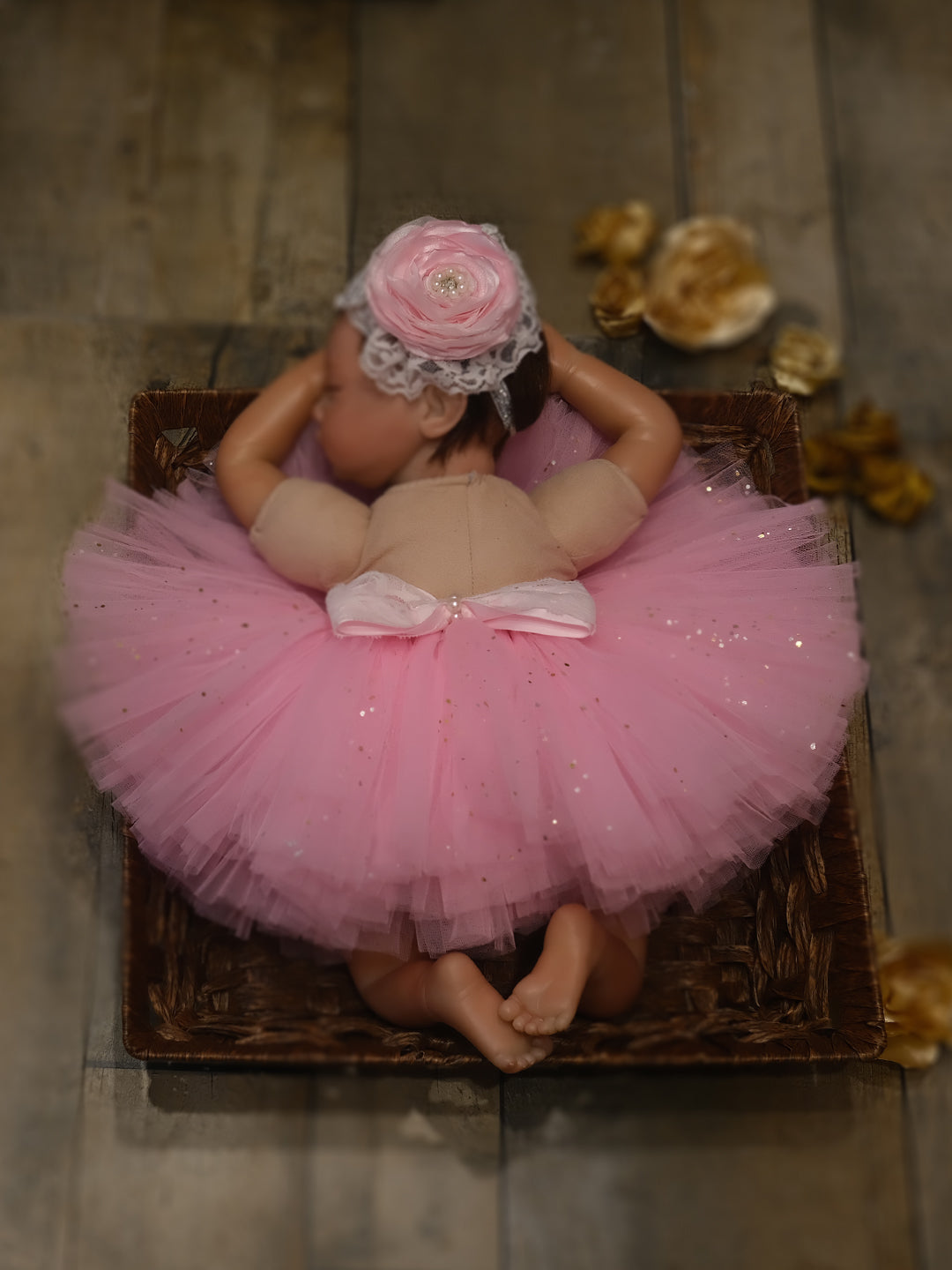 TINY MINY MEE-PASTEL PINK LACY FLOWER TUTU SKIRT & HEADBAND-PINK