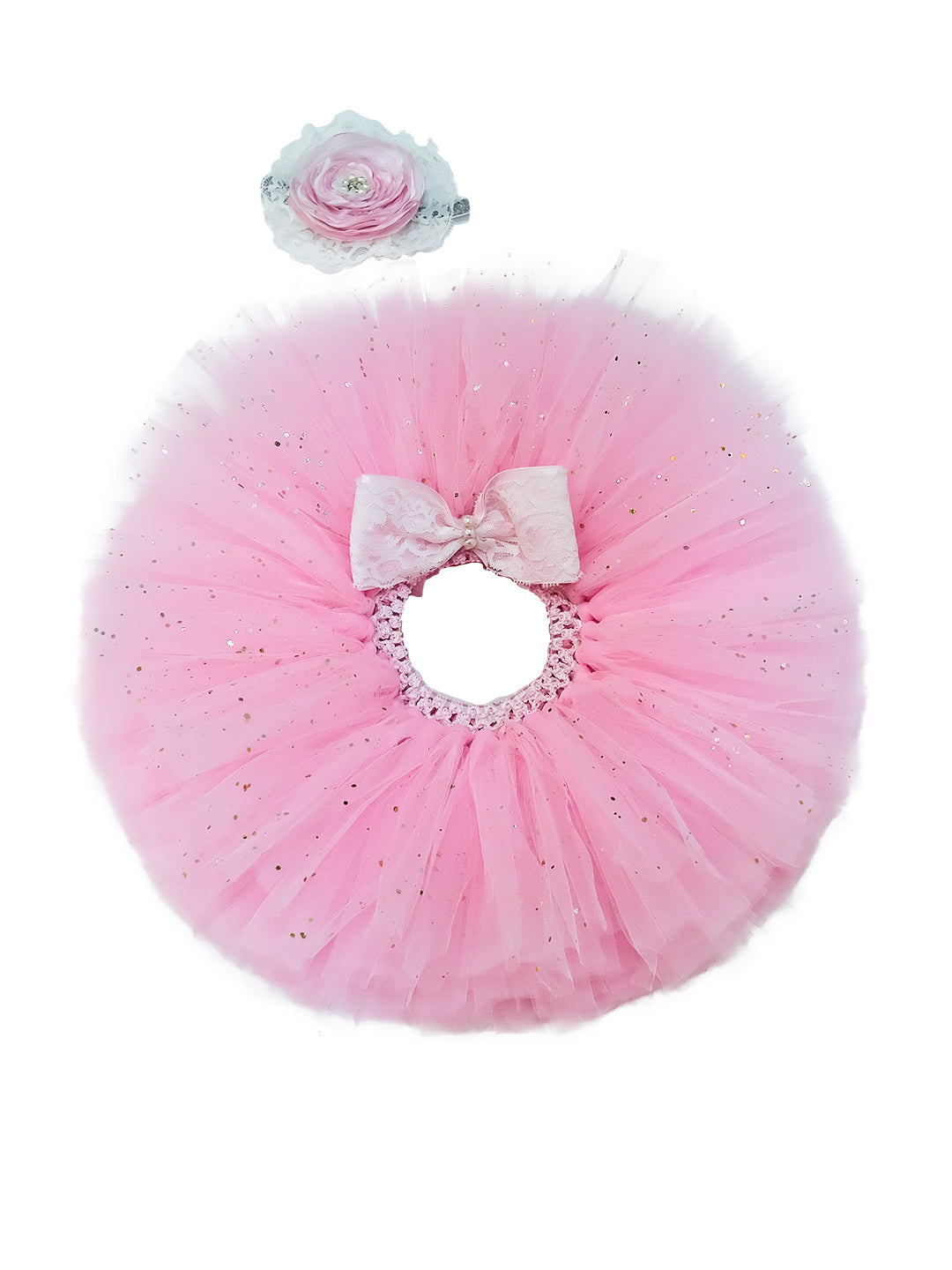 TINY MINY MEE-PASTEL PINK LACY FLOWER TUTU SKIRT & HEADBAND-PINK