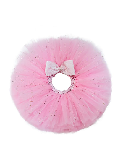 TINY MINY MEE-PASTEL PINK LACY FLOWER TUTU SKIRT & HEADBAND-PINK