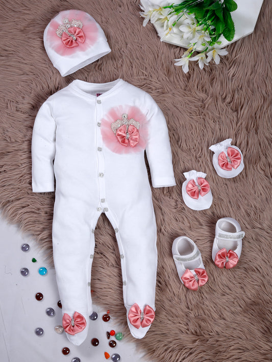 TINY MINY MEE BLUSH FRILL PEARL CROWN SLEEPSUIT SET WITH SHOES-WHITE