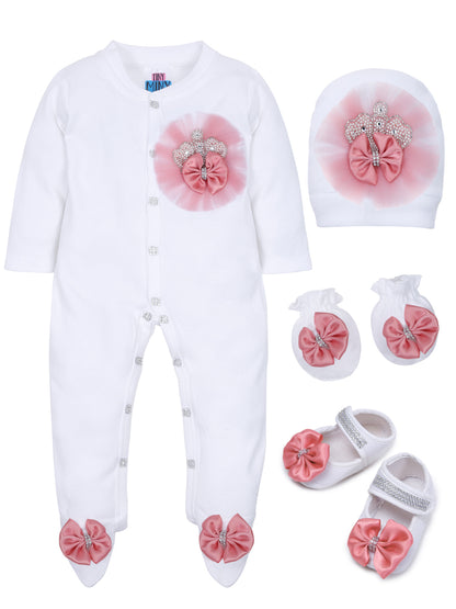 TINY MINY MEE BLUSH FRILL PEARL CROWN SLEEPSUIT SET WITH SHOES-WHITE