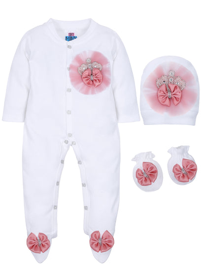 TINY MINY MEE BLUSH FRILL PEARL CROWN SLEEPSUIT SET WITH SHOES-WHITE