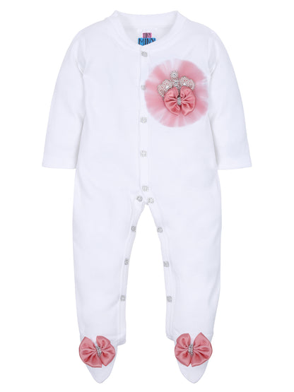 TINY MINY MEE BLUSH FRILL PEARL CROWN SLEEPSUIT SET WITH SHOES-WHITE