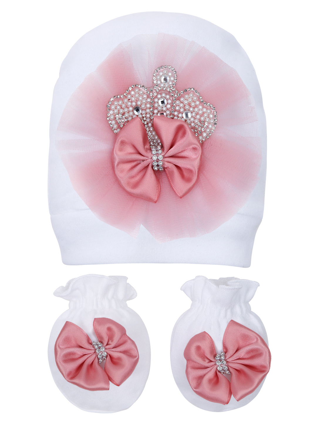 TINY MINY MEE BLUSH FRILL PEARL CROWN SLEEPSUIT SET WITH SHOES-WHITE