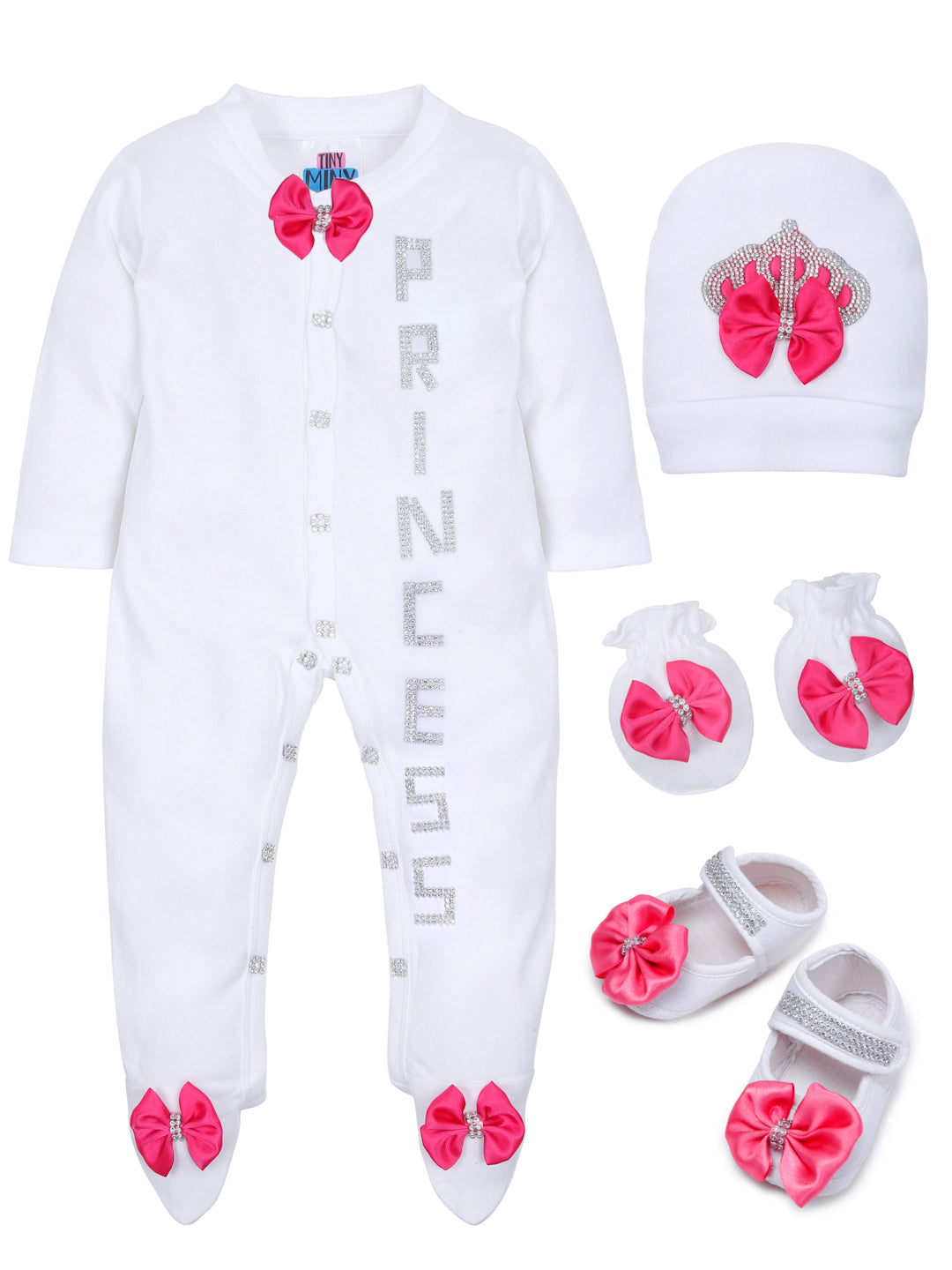 TINY MINY MEE SLIVER PRINCESS FUCHIA BOW SLEEPSUIT WITH SHOES-WHITE