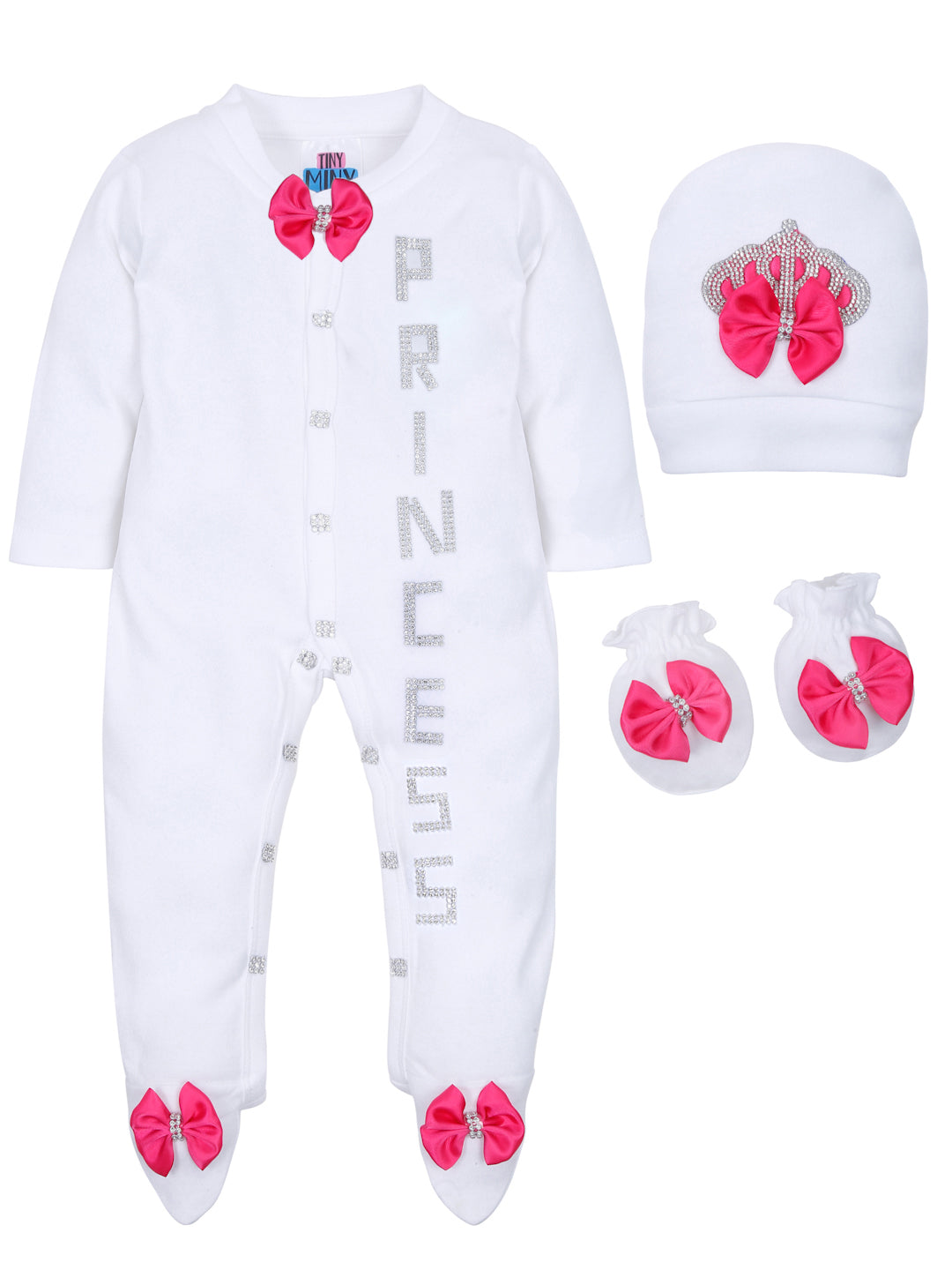 TINY MINY MEE SLIVER PRINCESS FUCHIA BOW SLEEPSUIT WITH SHOES-WHITE