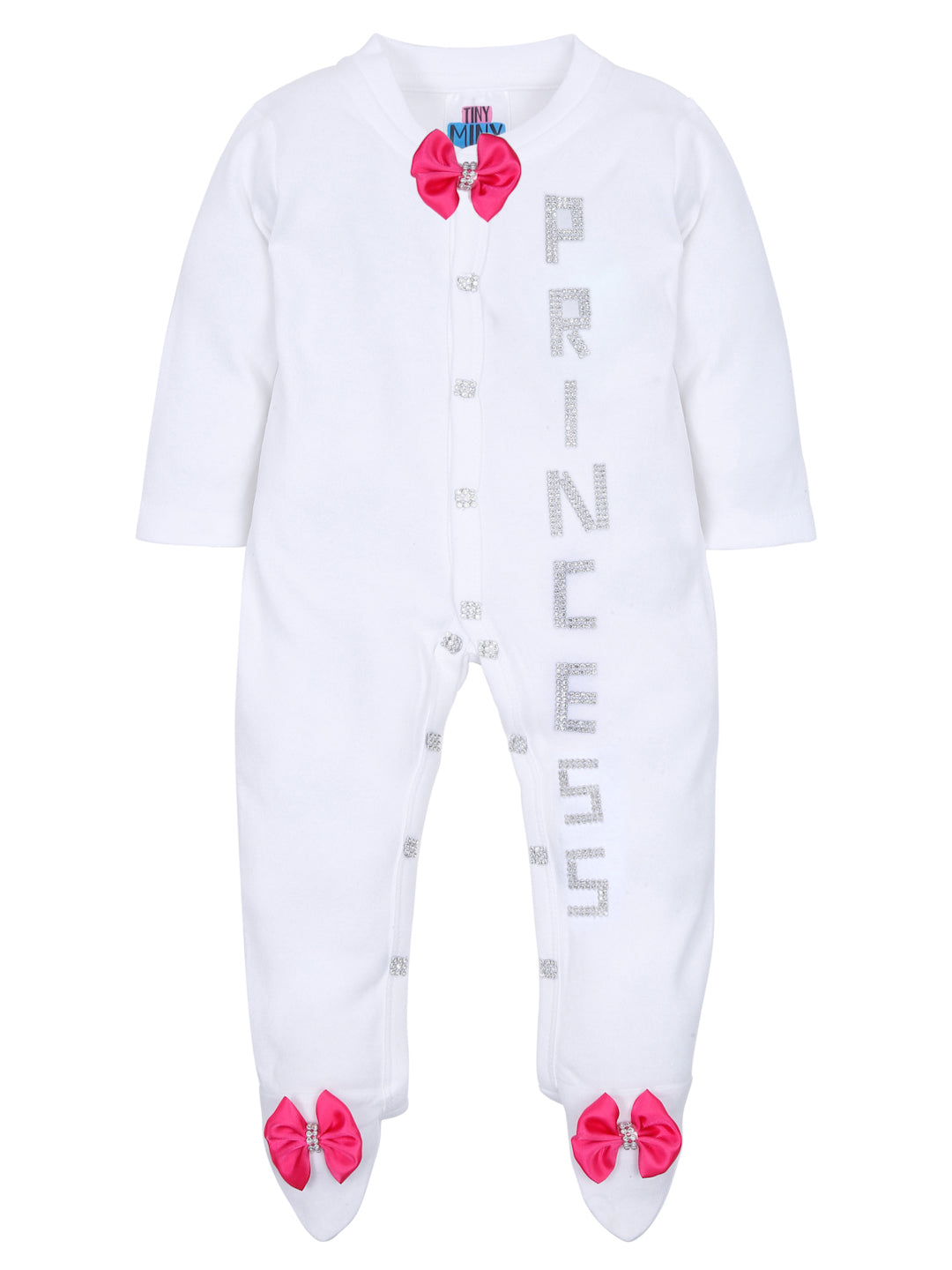 TINY MINY MEE SLIVER PRINCESS FUCHIA BOW SLEEPSUIT WITH SHOES-WHITE