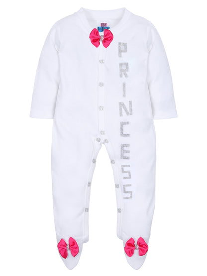 TINY MINY MEE SLIVER PRINCESS FUCHIA BOW SLEEPSUIT WITH SHOES-WHITE