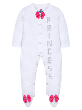 TINY MINY MEE SLIVER PRINCESS FUCHIA BOW SLEEPSUIT WITH SHOES-WHITE