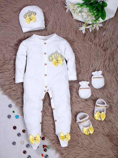 TINY MINY MEE RHINESTONE CROWN PATCH SLEEPSUIT WITH YELLOW BOWS AND SHOES-WHITE