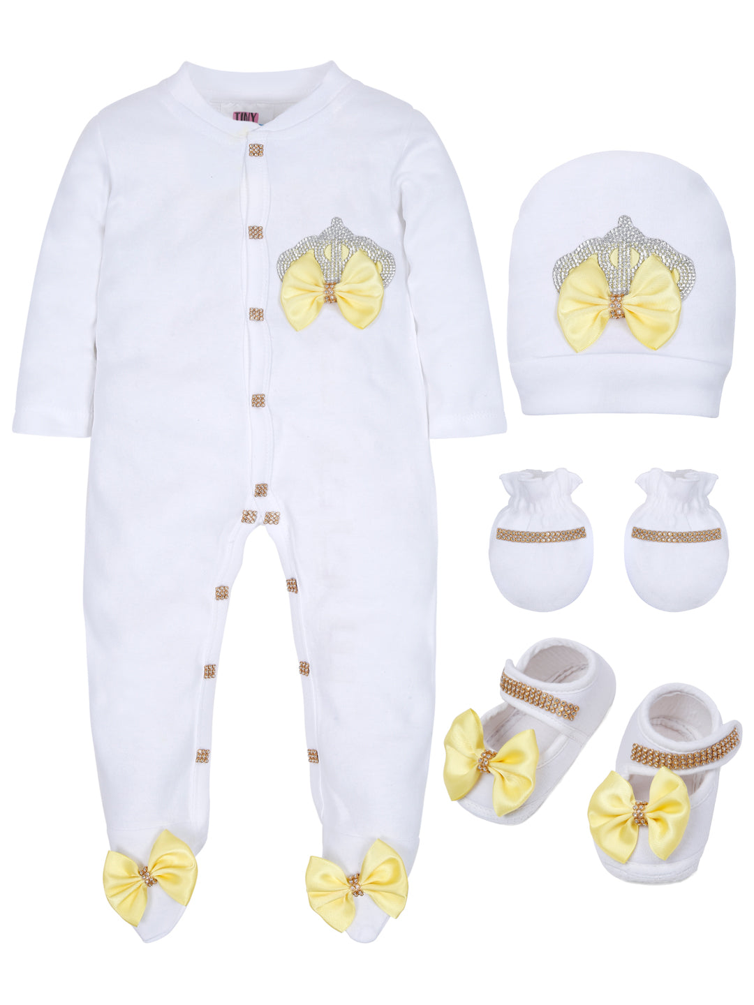 TINY MINY MEE RHINESTONE CROWN PATCH SLEEPSUIT WITH YELLOW BOWS AND SHOES-WHITE