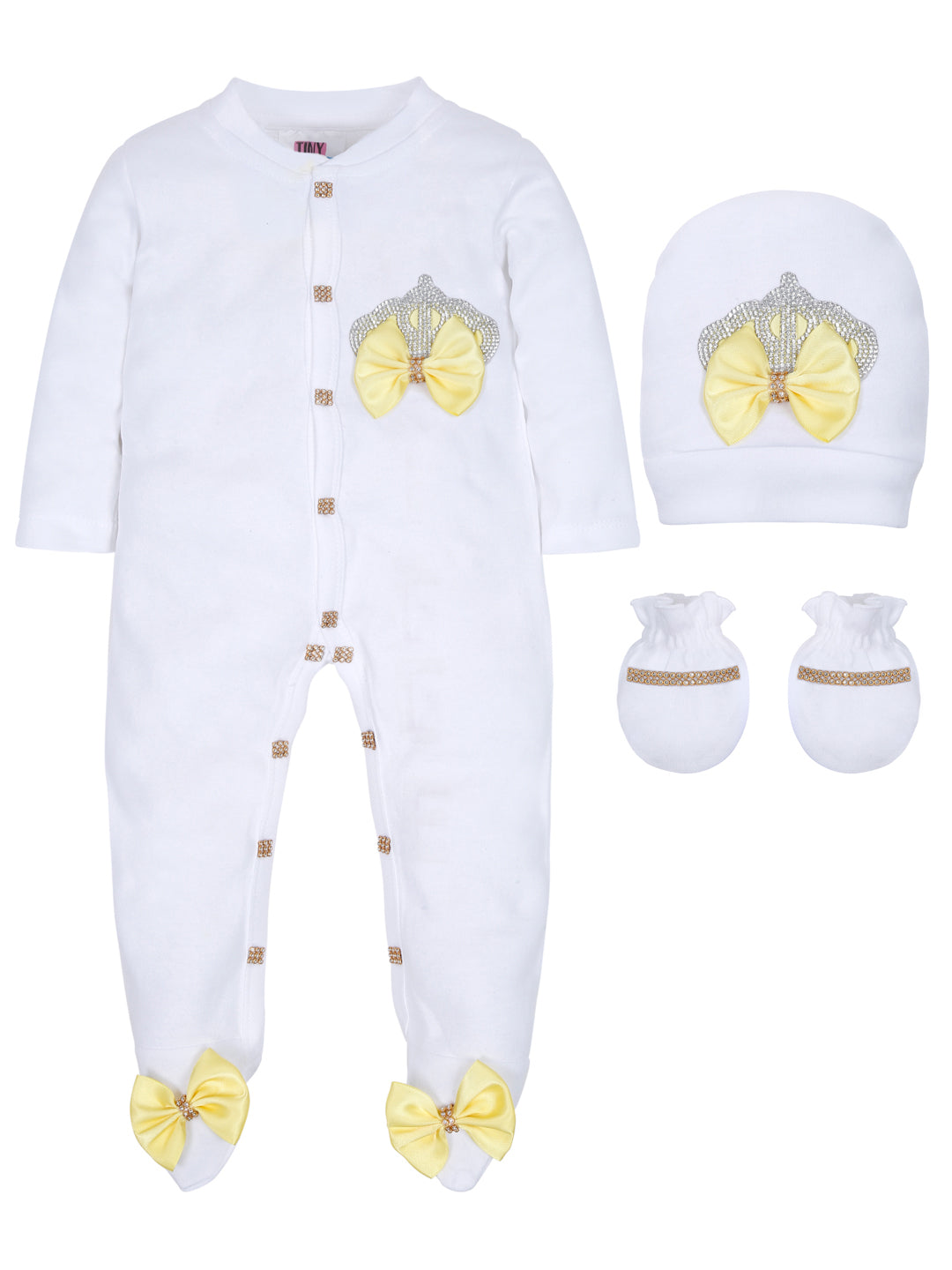 TINY MINY MEE RHINESTONE CROWN PATCH SLEEPSUIT WITH YELLOW BOWS AND SHOES-WHITE