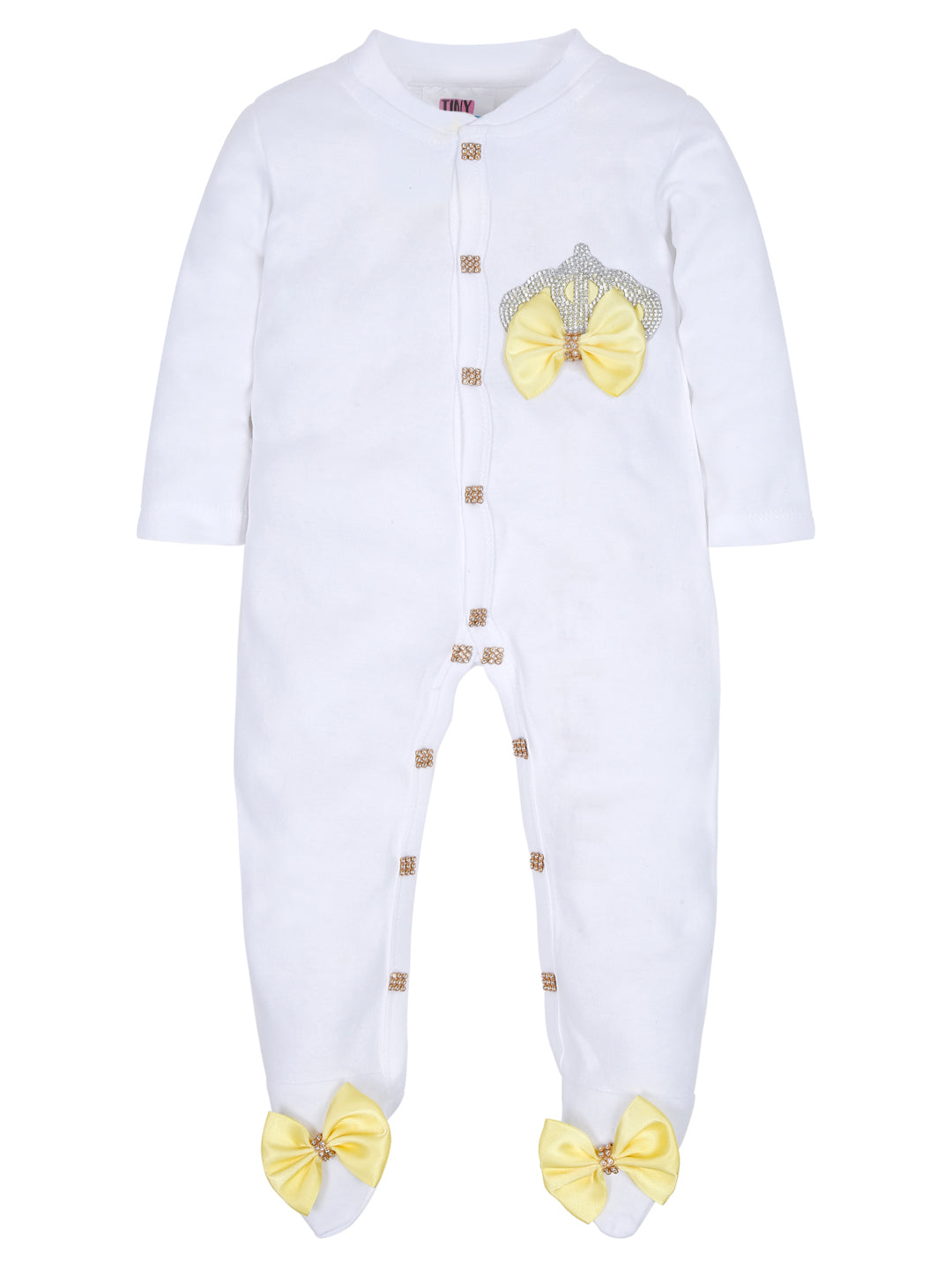 TINY MINY MEE RHINESTONE CROWN PATCH SLEEPSUIT WITH YELLOW BOWS AND SHOES-WHITE