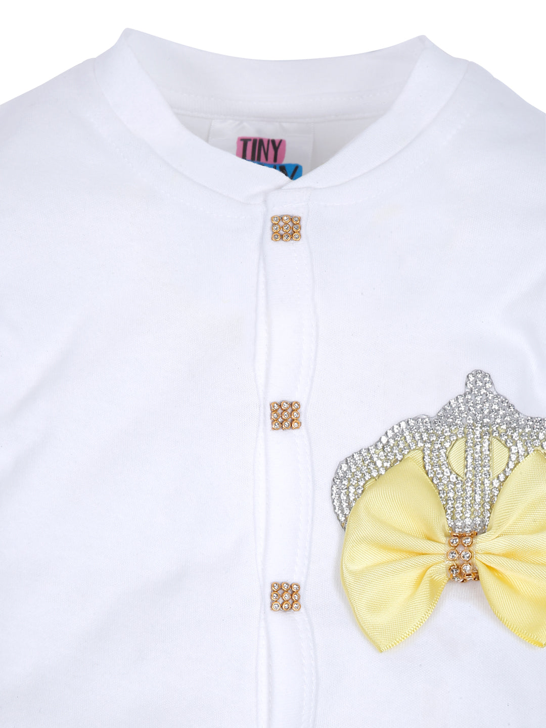 TINY MINY MEE RHINESTONE CROWN PATCH SLEEPSUIT WITH YELLOW BOWS AND SHOES-WHITE