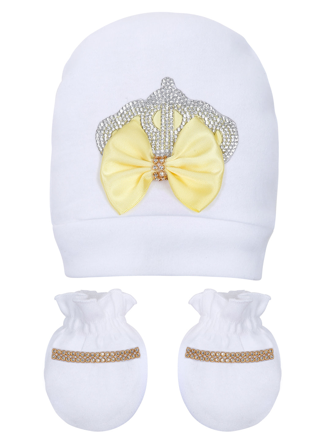 TINY MINY MEE RHINESTONE CROWN PATCH SLEEPSUIT WITH YELLOW BOWS AND SHOES-WHITE