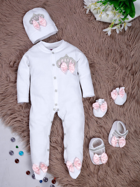 TINY MINY MEE RHINESTONE CROWN PATCH SLEEPSUIT WITH PINK BOWS AND SHOES-WHITE