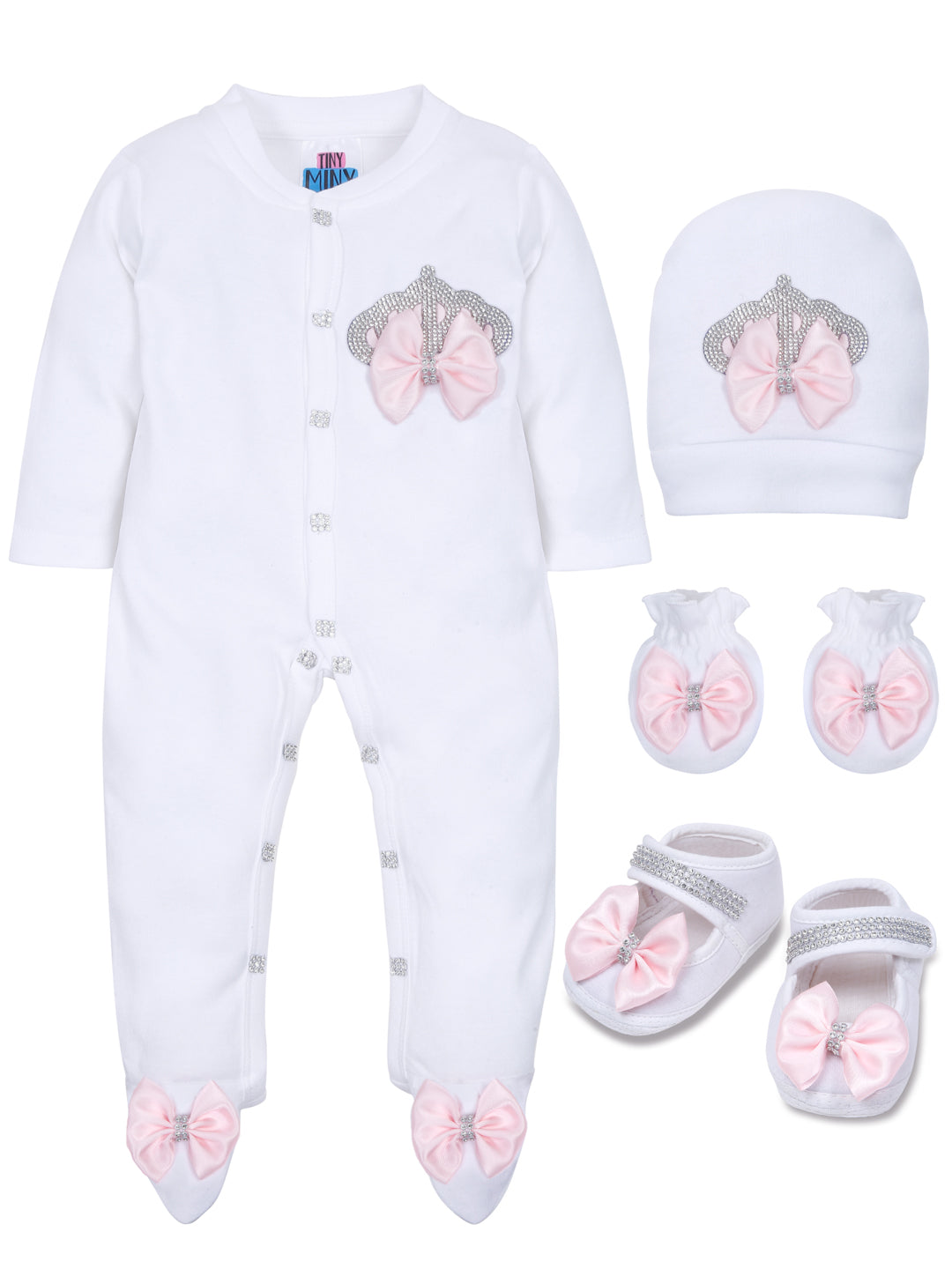 TINY MINY MEE RHINESTONE CROWN PATCH SLEEPSUIT WITH PINK BOWS AND SHOES-WHITE