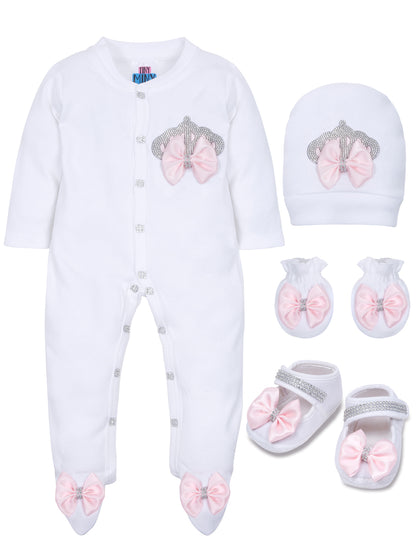 TINY MINY MEE RHINESTONE CROWN PATCH SLEEPSUIT WITH PINK BOWS AND SHOES-WHITE