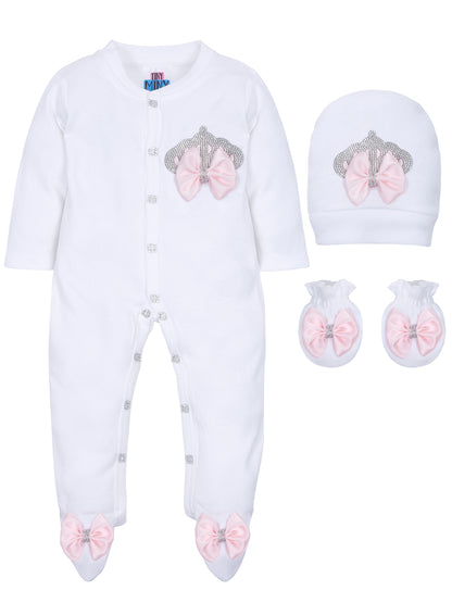 TINY MINY MEE RHINESTONE CROWN PATCH SLEEPSUIT WITH PINK BOWS AND SHOES-WHITE