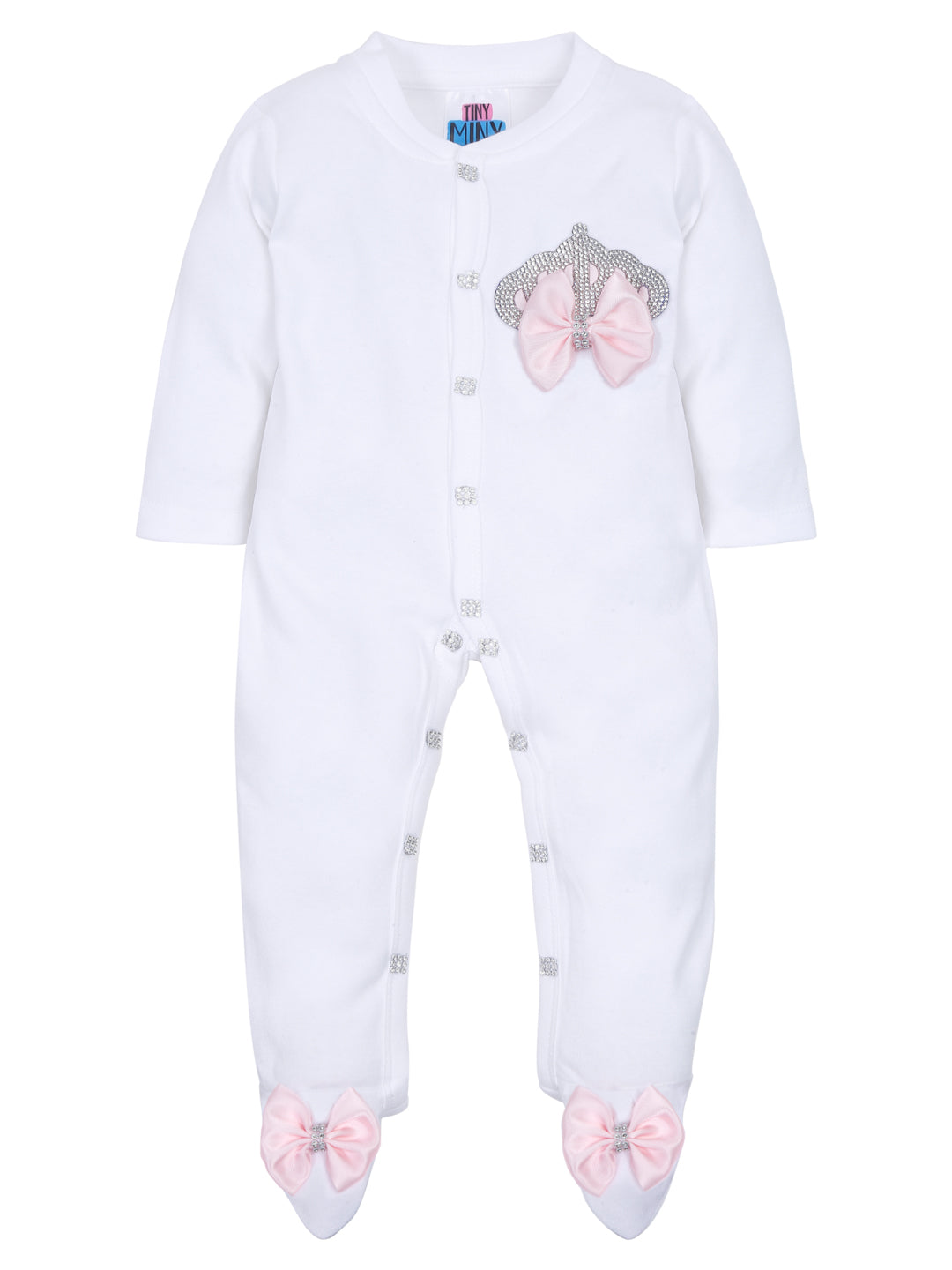 TINY MINY MEE RHINESTONE CROWN PATCH SLEEPSUIT WITH PINK BOWS AND SHOES-WHITE