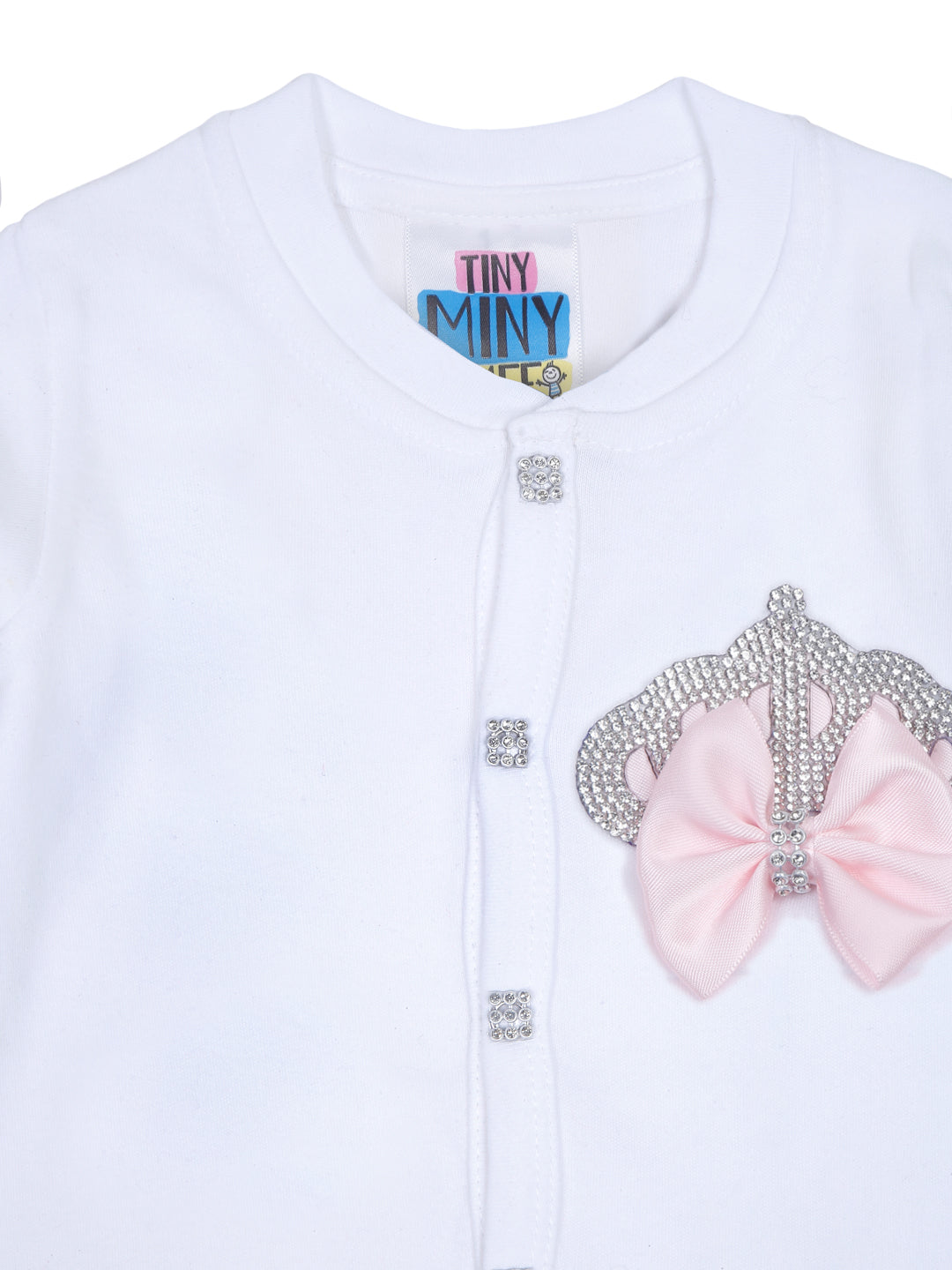 TINY MINY MEE RHINESTONE CROWN PATCH SLEEPSUIT WITH PINK BOWS AND SHOES-WHITE