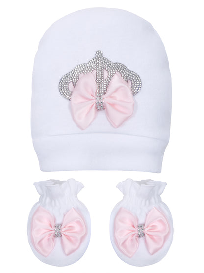 TINY MINY MEE RHINESTONE CROWN PATCH SLEEPSUIT WITH PINK BOWS AND SHOES-WHITE