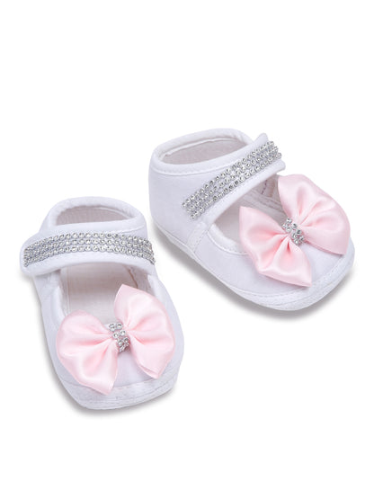 TINY MINY MEE RHINESTONE CROWN PATCH SLEEPSUIT WITH PINK BOWS AND SHOES-WHITE