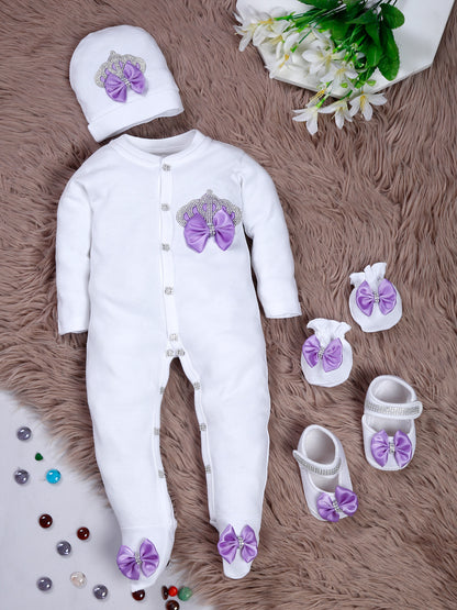 TINY MINY MEE RHINESTONE CROWN PATCH SLEEPSUIT WITH LAVENDER BOWS AND SHOES-WHITE