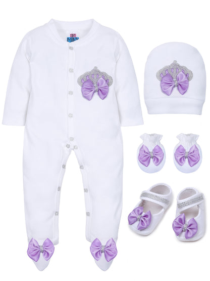 TINY MINY MEE RHINESTONE CROWN PATCH SLEEPSUIT WITH LAVENDER BOWS AND SHOES-WHITE