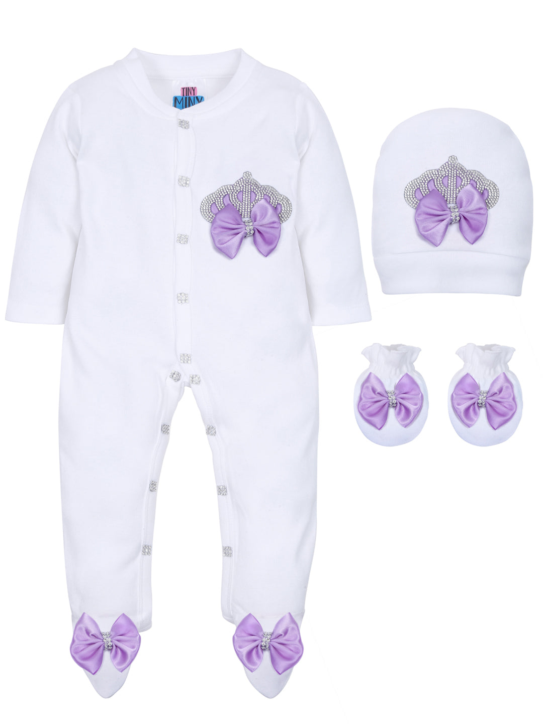 TINY MINY MEE RHINESTONE CROWN PATCH SLEEPSUIT WITH LAVENDER BOWS AND SHOES-WHITE