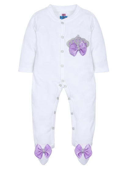 TINY MINY MEE RHINESTONE CROWN PATCH SLEEPSUIT WITH LAVENDER BOWS AND SHOES-WHITE