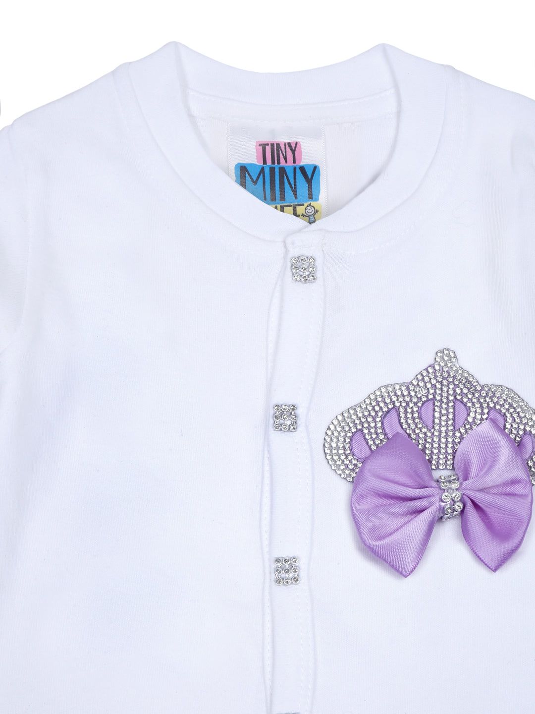 TINY MINY MEE RHINESTONE CROWN PATCH SLEEPSUIT WITH LAVENDER BOWS AND SHOES-WHITE