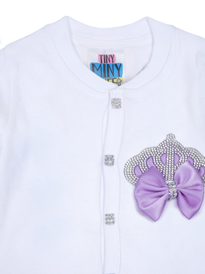 TINY MINY MEE RHINESTONE CROWN PATCH SLEEPSUIT WITH LAVENDER BOWS AND SHOES-WHITE