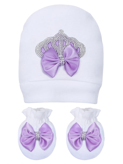 TINY MINY MEE RHINESTONE CROWN PATCH SLEEPSUIT WITH LAVENDER BOWS AND SHOES-WHITE