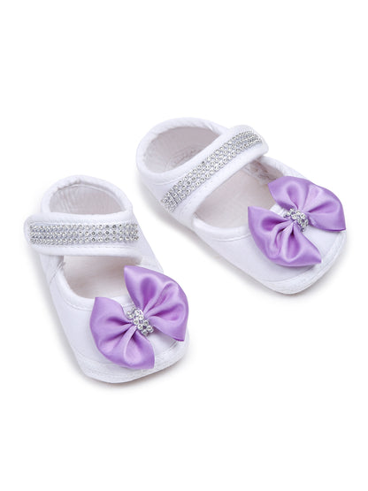 TINY MINY MEE RHINESTONE CROWN PATCH SLEEPSUIT WITH LAVENDER BOWS AND SHOES-WHITE