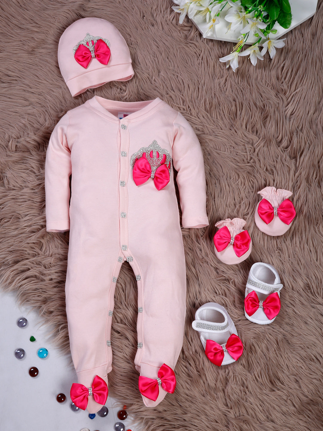 TINY MINY MEE RHINESTONE CROWN PATCH PINK SLEEPSUIT WITH FUCSHIA BOWS AND SHOES-PINK