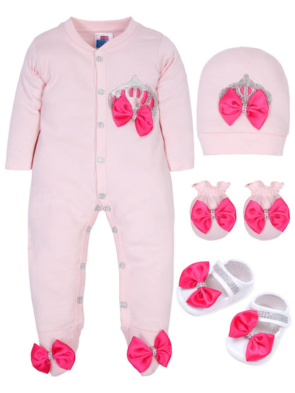 TINY MINY MEE RHINESTONE CROWN PATCH PINK SLEEPSUIT WITH FUCSHIA BOWS AND SHOES-PINK