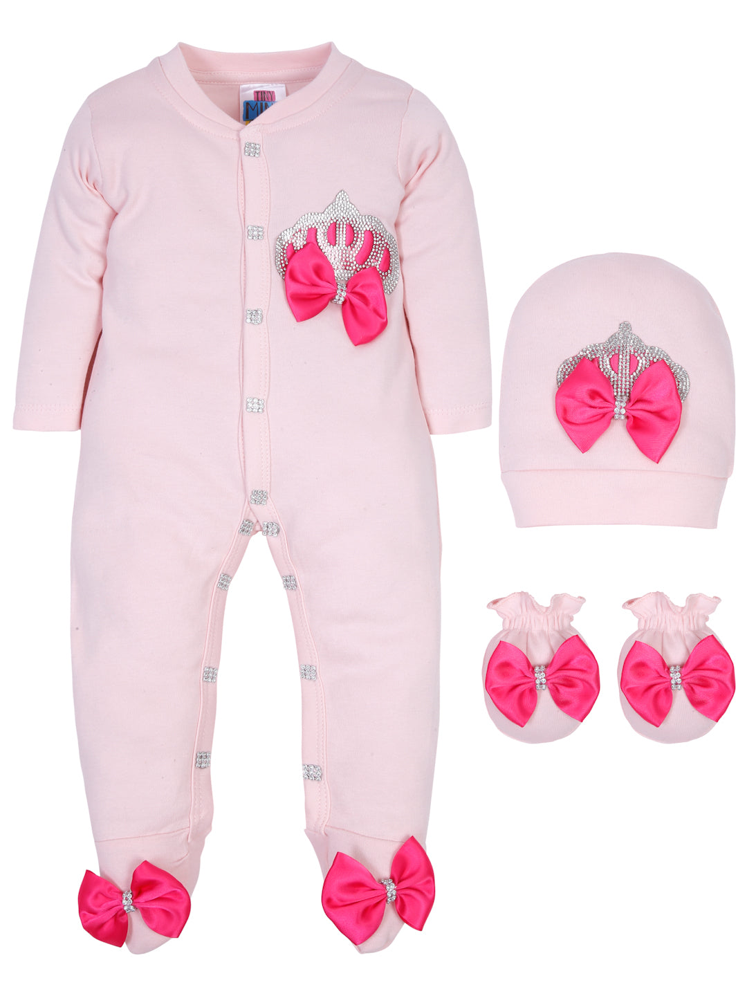 TINY MINY MEE RHINESTONE CROWN PATCH PINK SLEEPSUIT WITH FUCSHIA BOWS AND SHOES-PINK