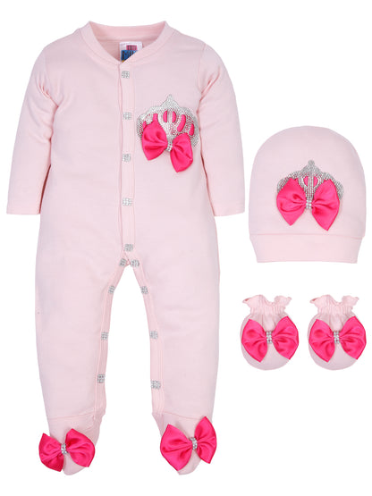 TINY MINY MEE RHINESTONE CROWN PATCH PINK SLEEPSUIT WITH FUCSHIA BOWS AND SHOES-PINK