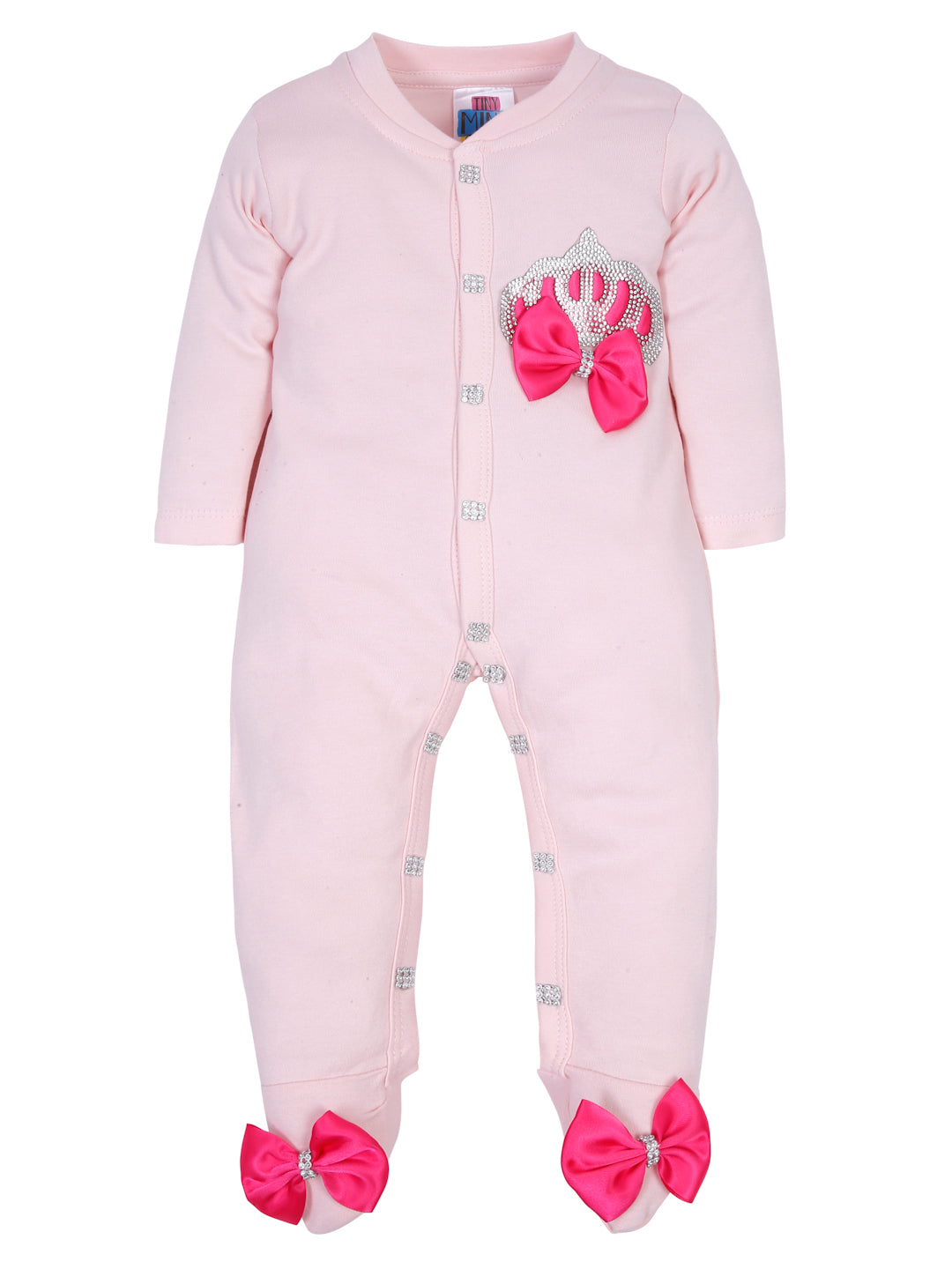 TINY MINY MEE RHINESTONE CROWN PATCH PINK SLEEPSUIT WITH FUCSHIA BOWS AND SHOES-PINK