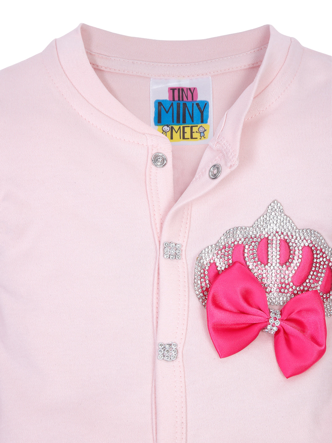 TINY MINY MEE RHINESTONE CROWN PATCH PINK SLEEPSUIT WITH FUCSHIA BOWS AND SHOES-PINK