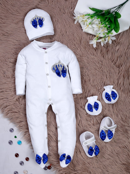 TINY MINY MEE RHINESTONE CROWN PATCH SLEEPSUIT WITH DARK BLUE BOWS AND SHOES-WHITE