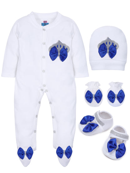 TINY MINY MEE RHINESTONE CROWN PATCH SLEEPSUIT WITH DARK BLUE BOWS AND SHOES-WHITE