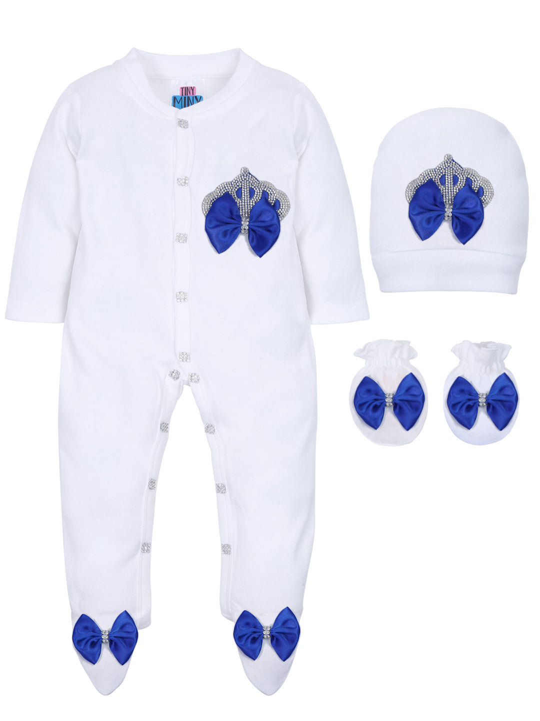 TINY MINY MEE RHINESTONE CROWN PATCH SLEEPSUIT WITH DARK BLUE BOWS AND SHOES-WHITE