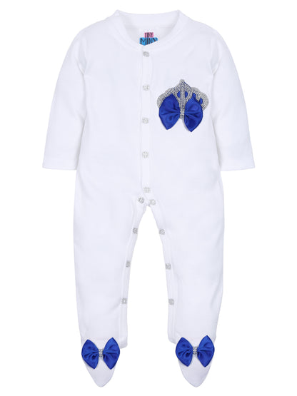 TINY MINY MEE RHINESTONE CROWN PATCH SLEEPSUIT WITH DARK BLUE BOWS AND SHOES-WHITE