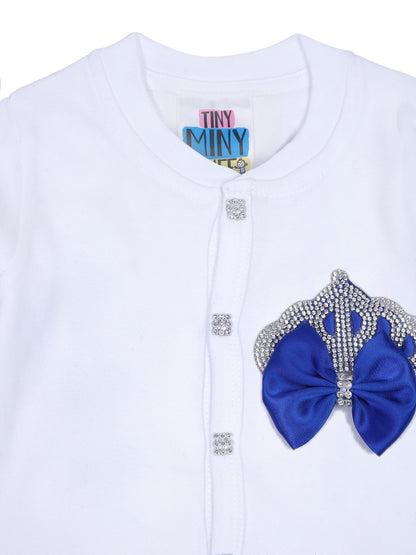 TINY MINY MEE RHINESTONE CROWN PATCH SLEEPSUIT WITH DARK BLUE BOWS AND SHOES-WHITE