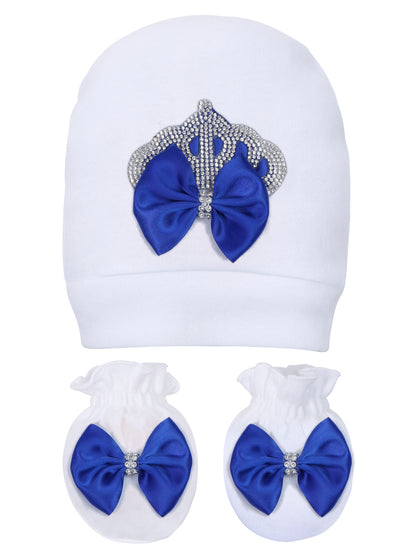 TINY MINY MEE RHINESTONE CROWN PATCH SLEEPSUIT WITH DARK BLUE BOWS AND SHOES-WHITE