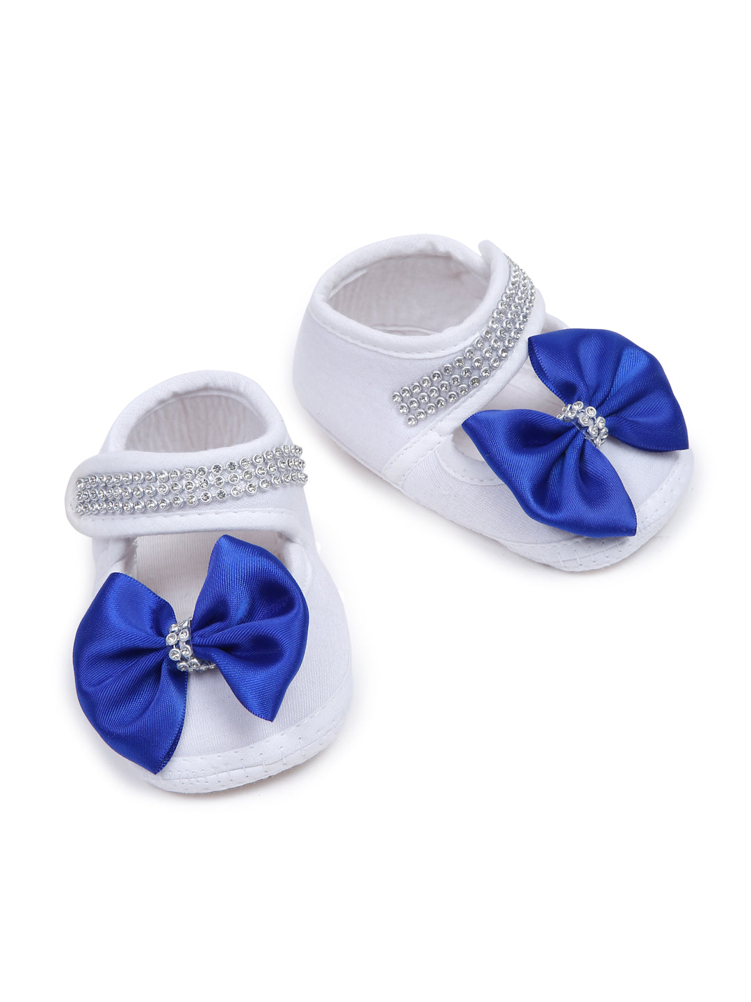 TINY MINY MEE RHINESTONE CROWN PATCH SLEEPSUIT WITH DARK BLUE BOWS AND SHOES-WHITE